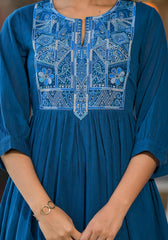 Indigo Solid Cotton Long Dress With Thread Embroidery-P1053INDIGO