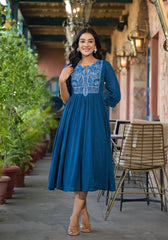 Indigo Solid Cotton Long Dress With Thread Embroidery-P1053INDIGO