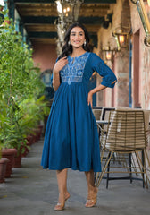 Indigo Solid Cotton Long Dress With Thread Embroidery-P1053INDIGO