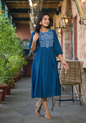 Indigo Solid Cotton Long Dress With Thread Embroidery-P1053INDIGO