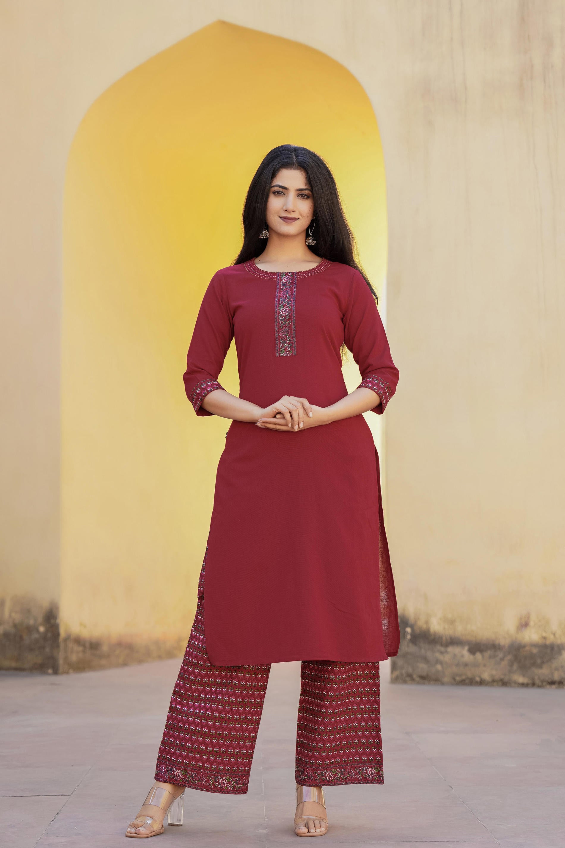 Women Maroon Solid &  Print Kurta & Pant