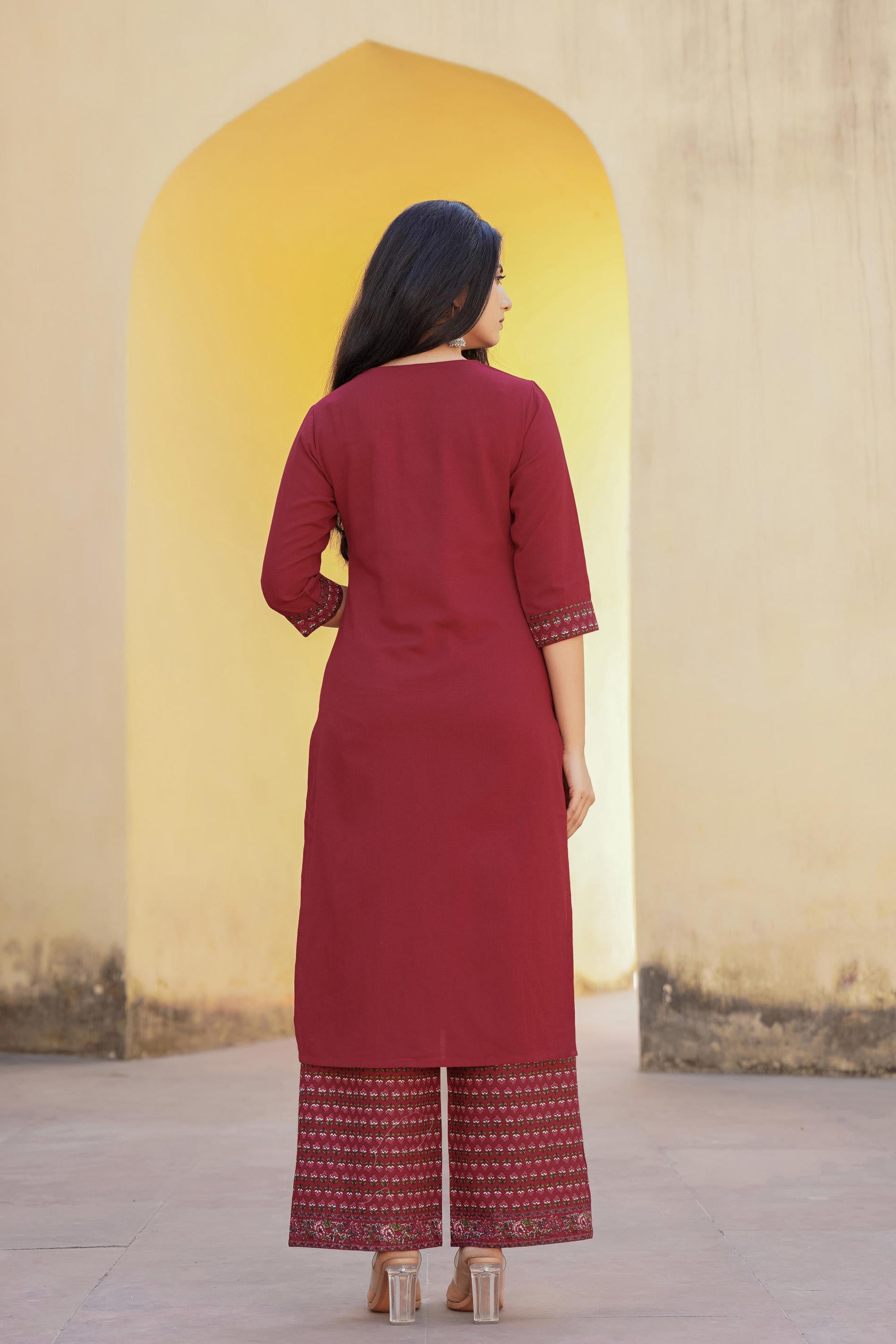 Women Maroon Solid &  Print Kurta & Pant