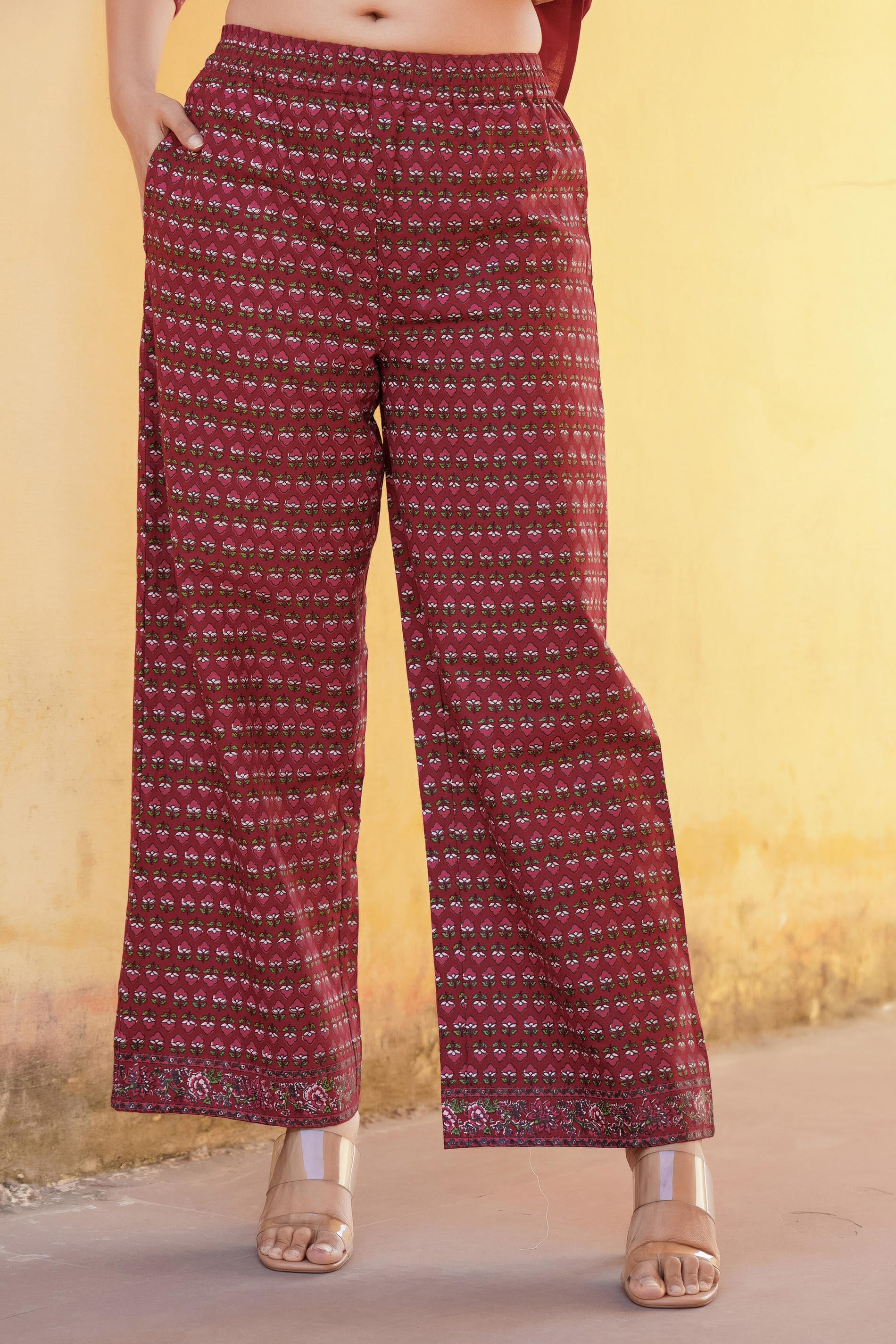 Women Maroon Solid &  Print Kurta & Pant