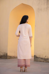 Women Peach Solid & Print Kurta & Pant-P1057PEACH_ON