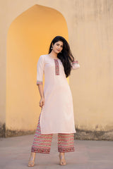 Women Peach Solid & Print Kurta & Pant-P1057PEACH_ON