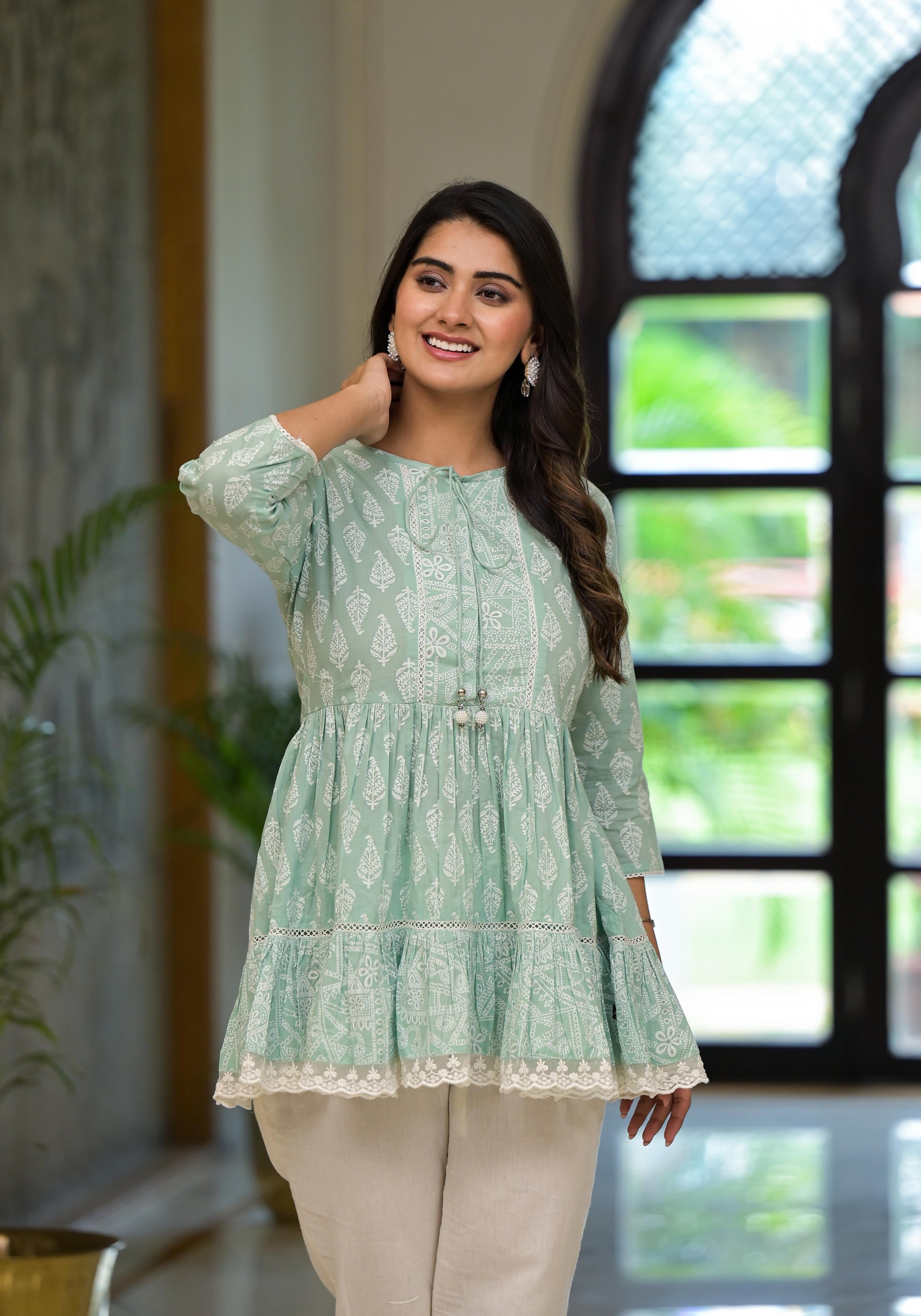 Mint Mist Ikat tunic with Lace Detailing-P1064GREEN