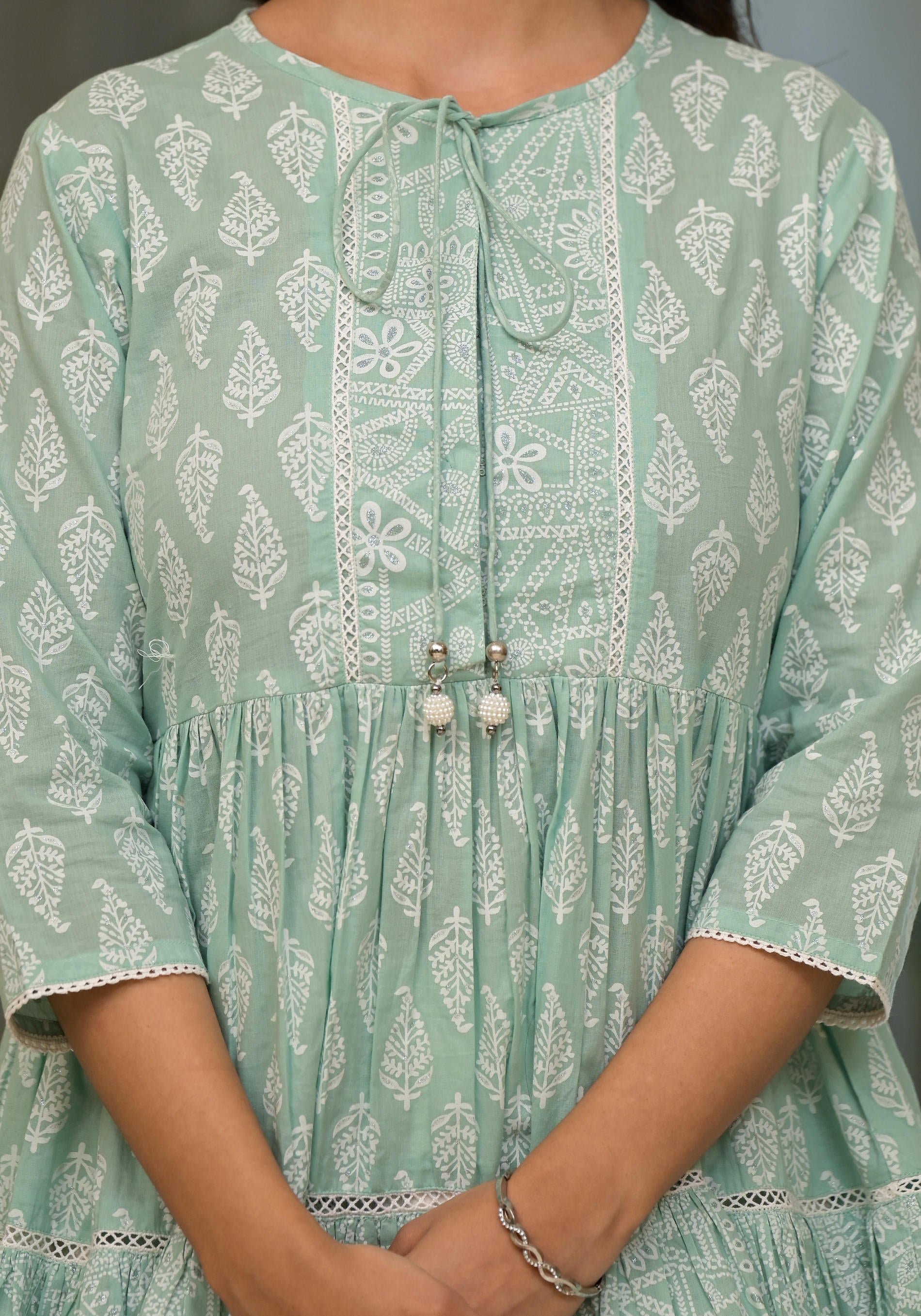 Mint Mist Ikat tunic with Lace Detailing-P1064GREEN