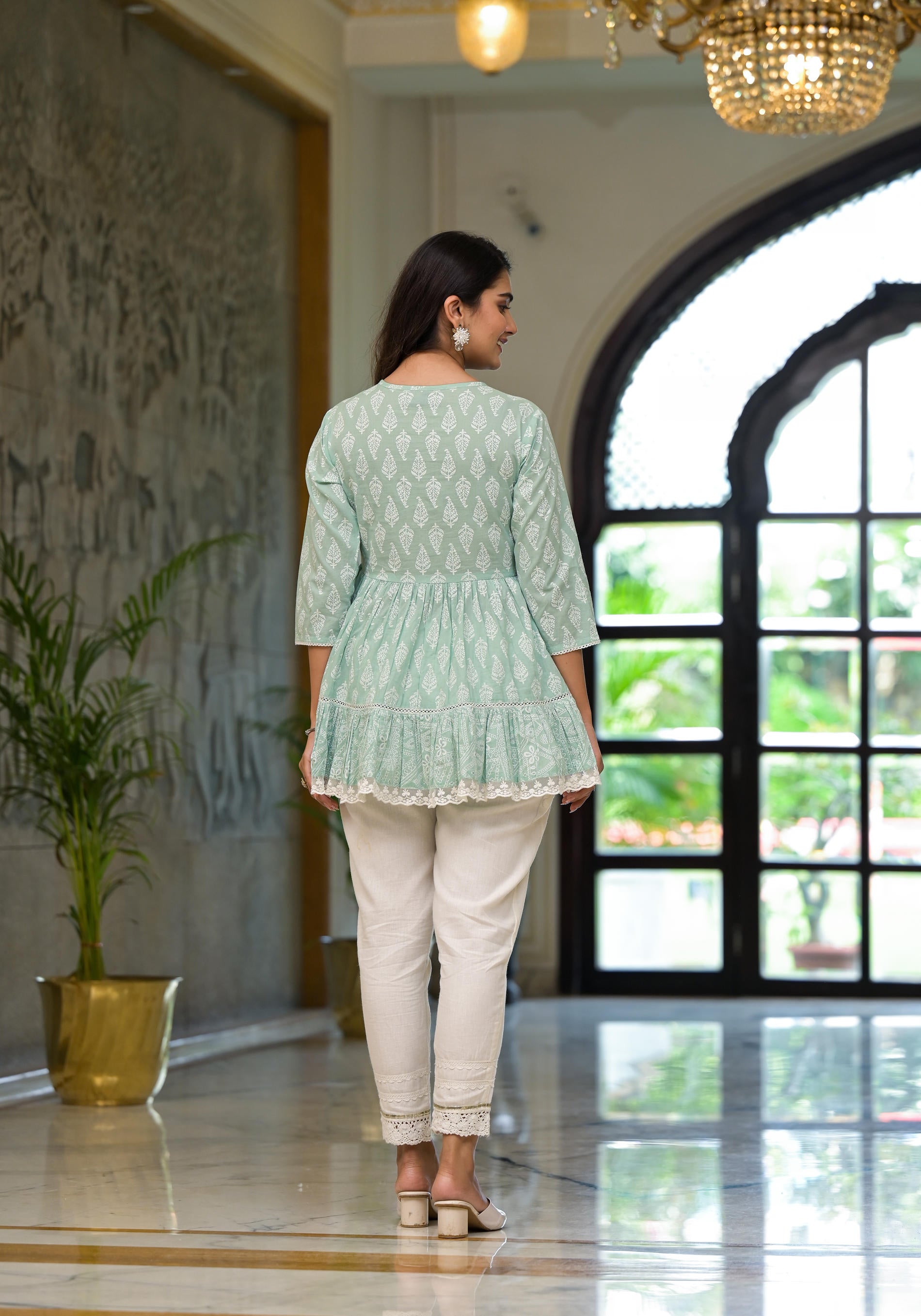 Mint Mist Ikat tunic with Lace Detailing-P1064GREEN