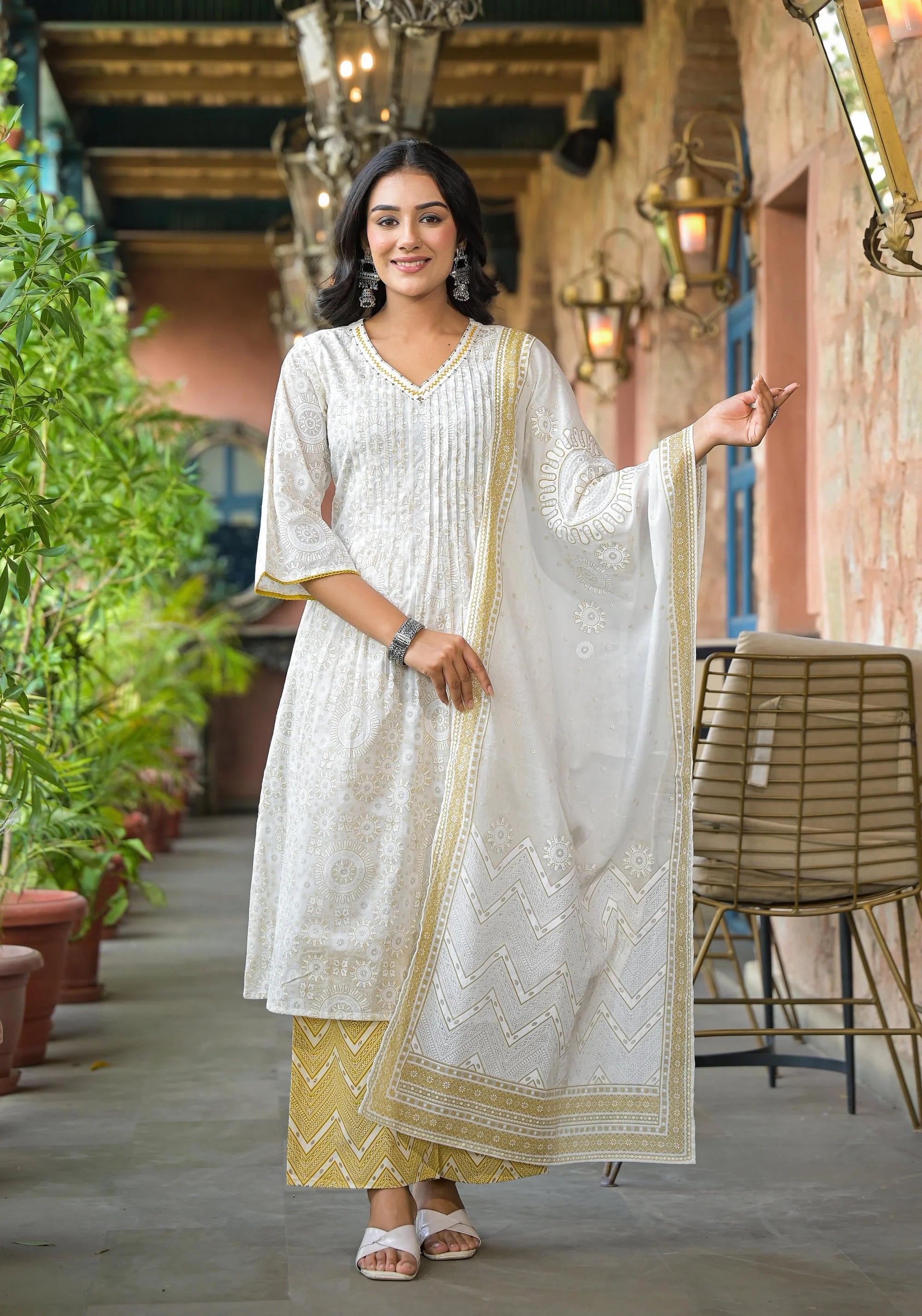 Off White Abstract Cotton Suit Set with Sequins & Thread Work