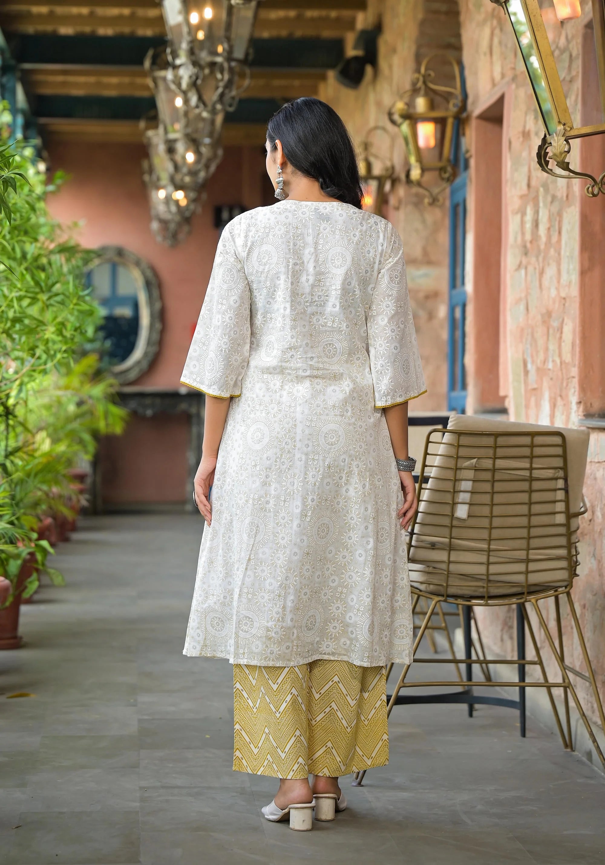 Off White Abstract Cotton Suit Set with Sequins & Thread Work