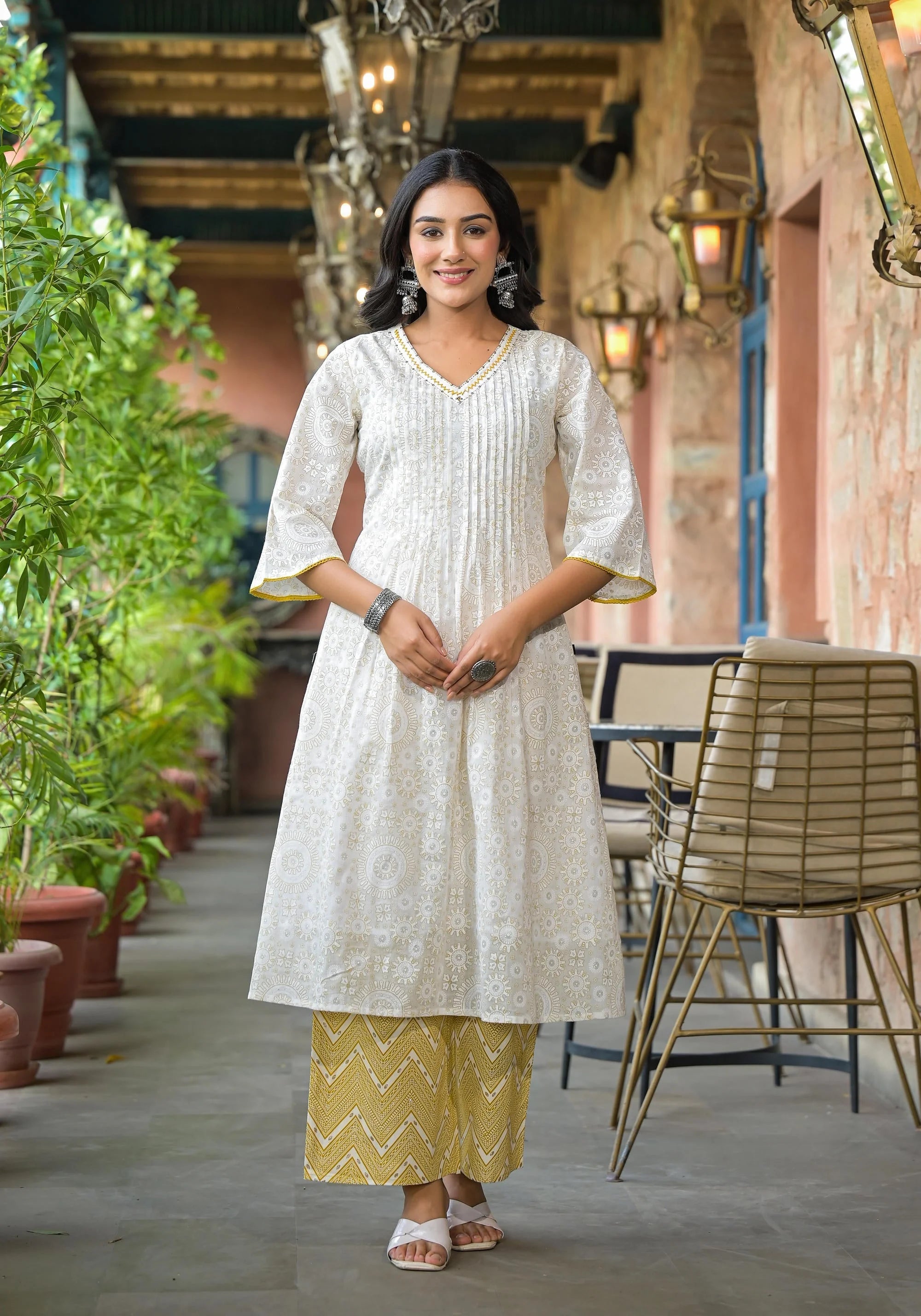 Off White Abstract Cotton Suit Set with Sequins & Thread Work