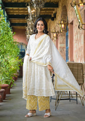 Off White Abstract Printed Cotton Kurta Pant And Dupatta Set With Sequins & Thread Work-P1070OFFWHITE