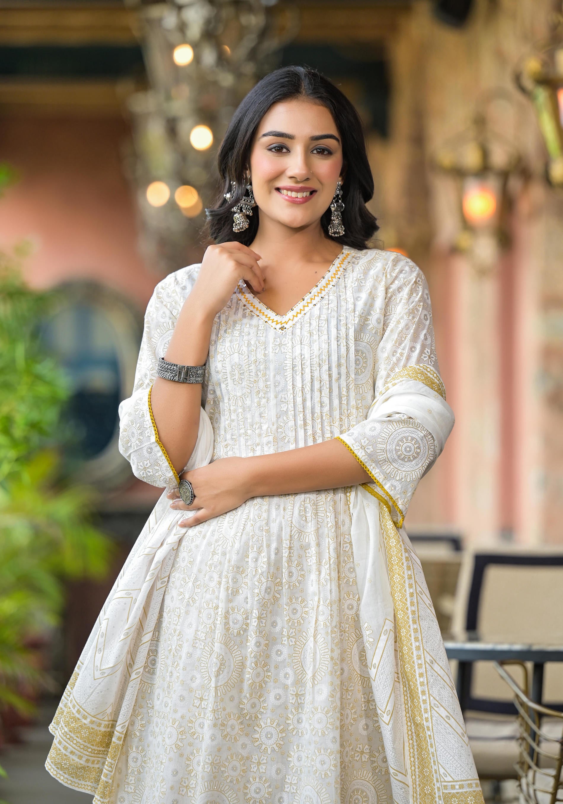 Off White Abstract Printed Cotton Kurta Pant And Dupatta Set With Sequins & Thread Work