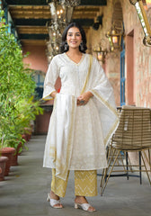 Off White Abstract Printed Cotton Kurta Pant And Dupatta Set With Sequins & Thread Work-P1070OFFWHITE