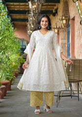 Off White Abstract Printed Cotton Kurta Pant And Dupatta Set With Sequins & Thread Work-P1070OFFWHITE