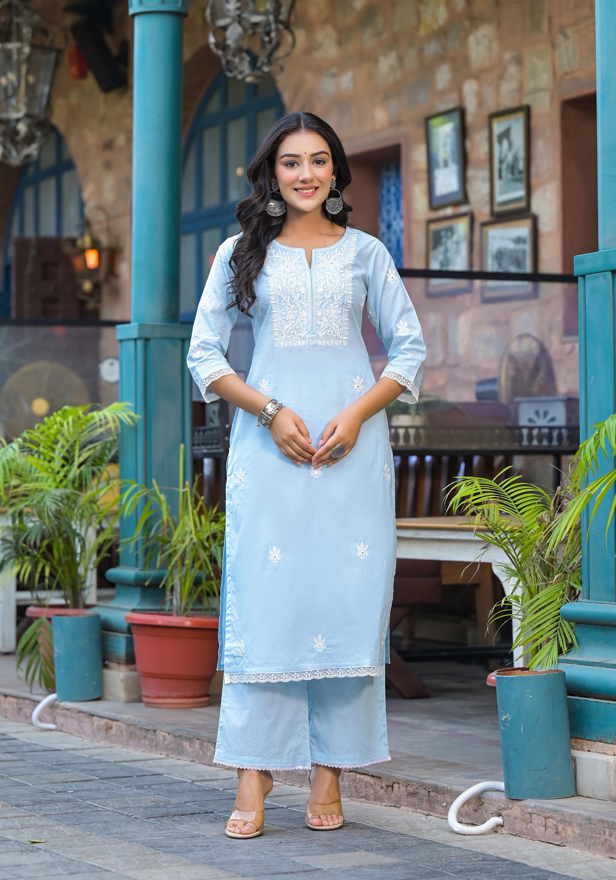 Sky Blue Cotton Indian Suit Set with Thread Embroidery