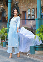 Sky Blue Solid Cotton Kurta Pant And Dupatta Set With Thread Embroidery-P1071SKYBLUE