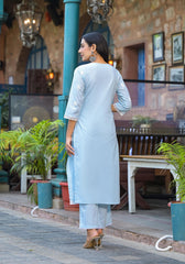 Sky Blue Solid Cotton Kurta Pant And Dupatta Set With Thread Embroidery-P1071SKYBLUE