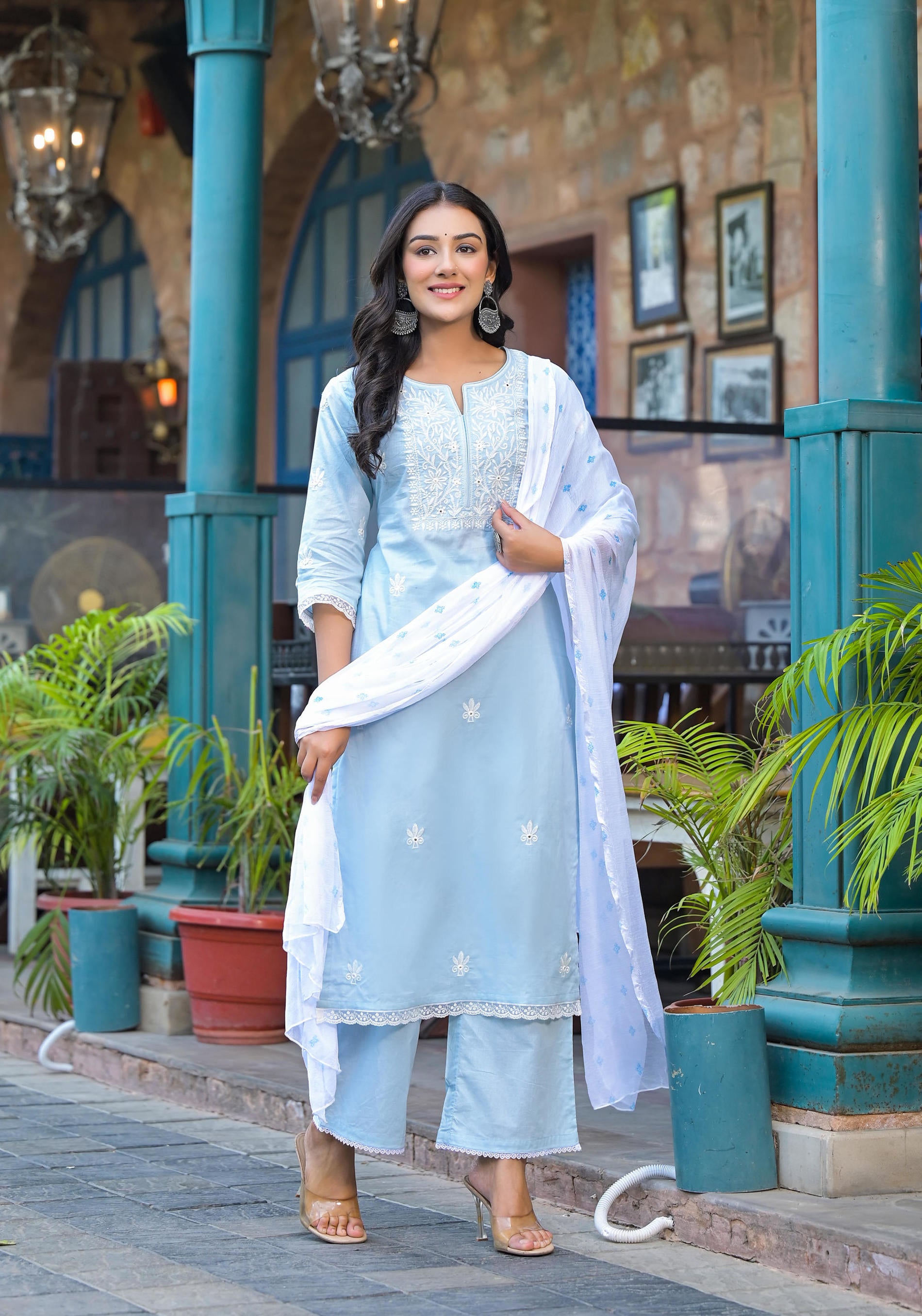 Sky Blue Solid Cotton Kurta Pant And Dupatta Set With Thread Embroidery 