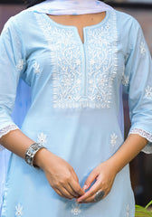 Sky Blue Solid Cotton Kurta Pant And Dupatta Set With Thread Embroidery-P1071SKYBLUE