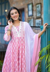 Powder Rose Lace-Trim Printed Kurta Set with Dupatta-P1074PINK_OF