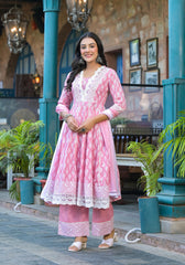 Powder Rose Lace-Trim Printed Kurta Set with Dupatta-P1074PINK_OF