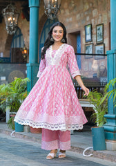 Powder Rose Lace-Trim Printed Kurta Set with Dupatta-P1074PINK_OF