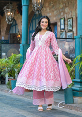 Powder Rose Lace-Trim Printed Kurta Set with Dupatta-P1074PINK_OF