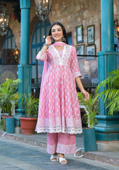 Powder Rose Lace-Trim Printed Kurta Set with Dupatta-P1074PINK_OF