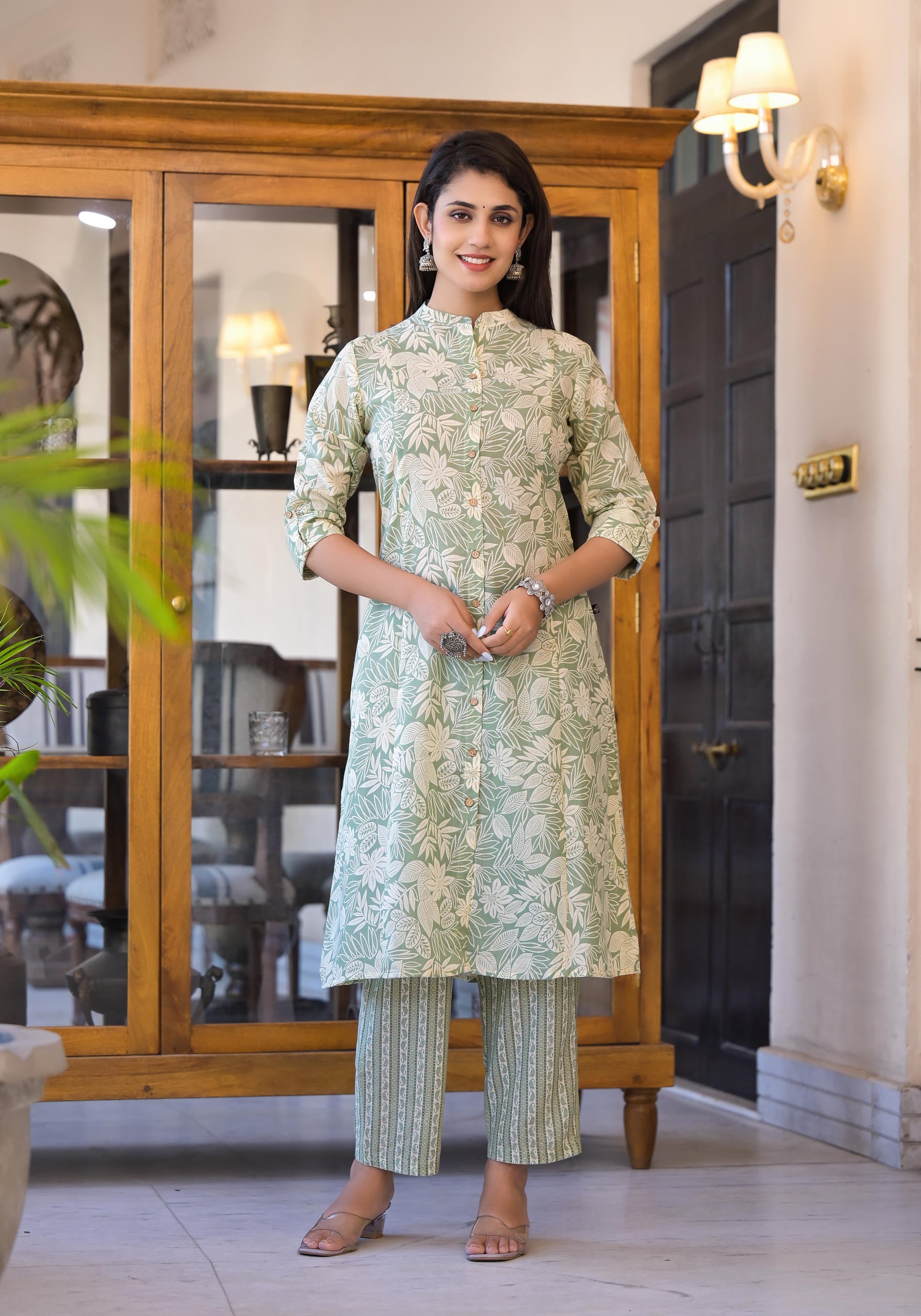 Sage Green Floral Printed Straight Kurta Set-P1076GREEN