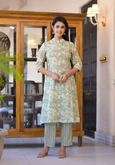 Sage Green Floral Printed Straight Kurta Set-P1076GREEN
