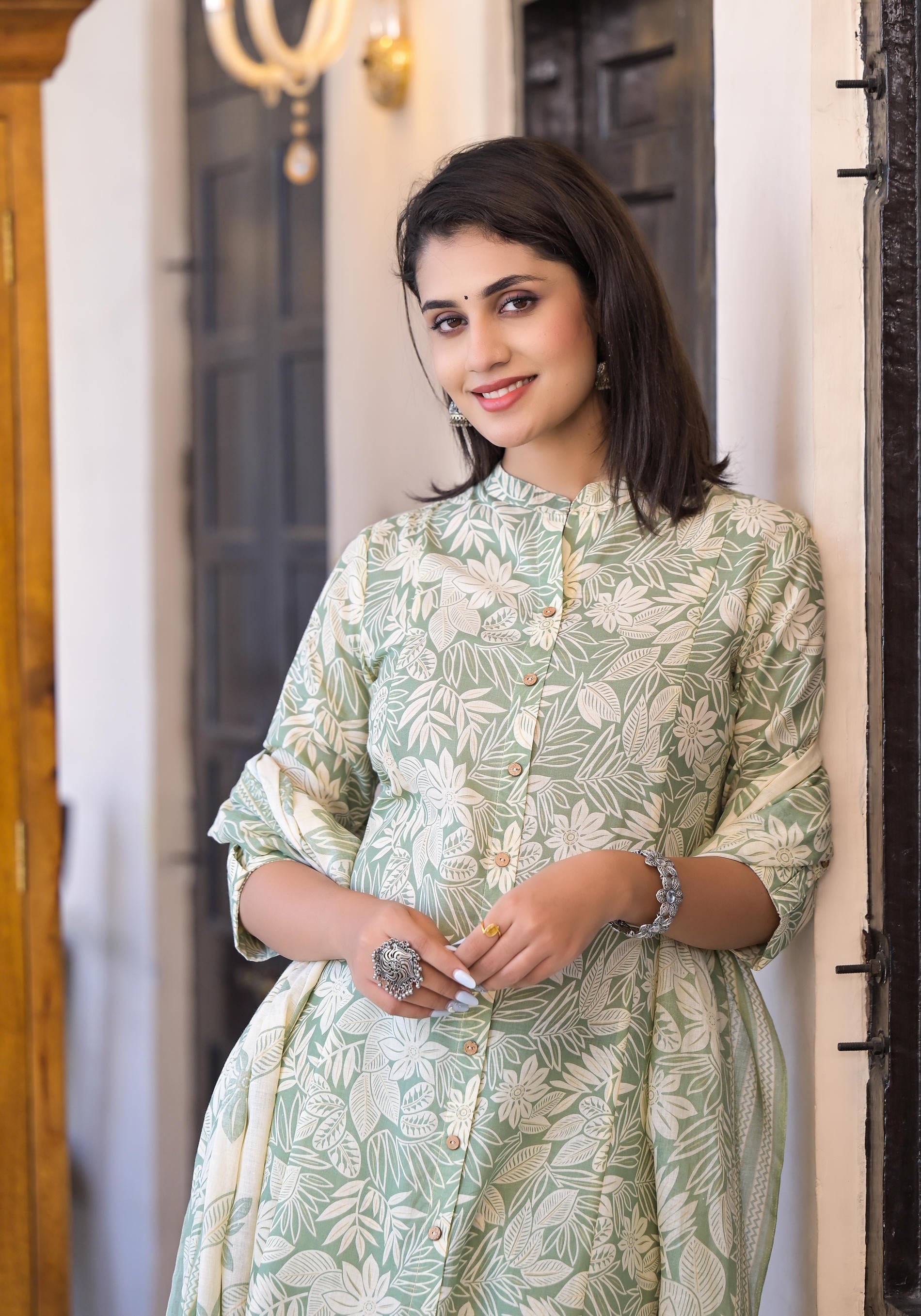 Sage Green Floral Printed Straight Kurta Set-P1076GREEN