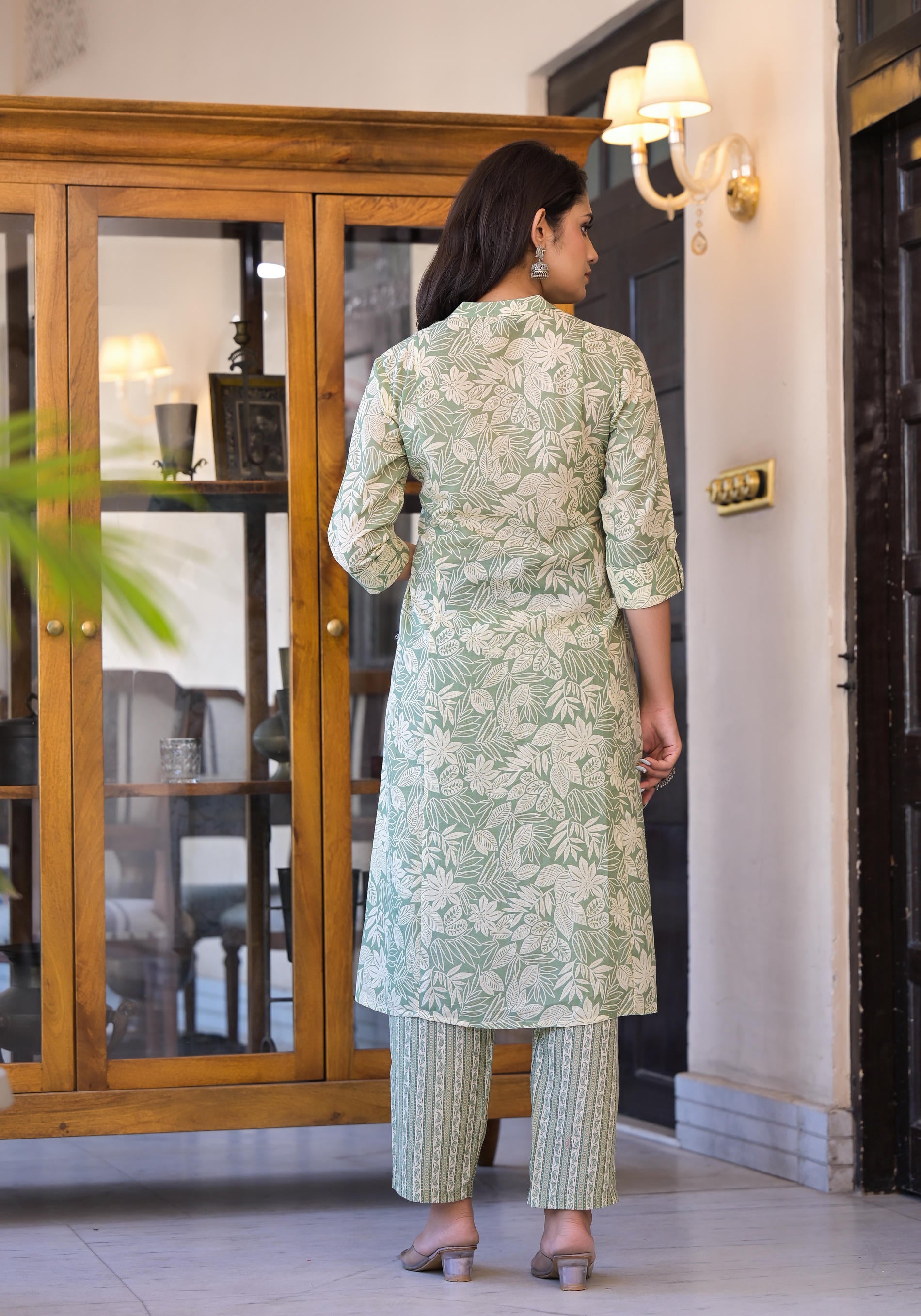 Sage Green Floral Printed Straight Kurta Set-P1076GREEN