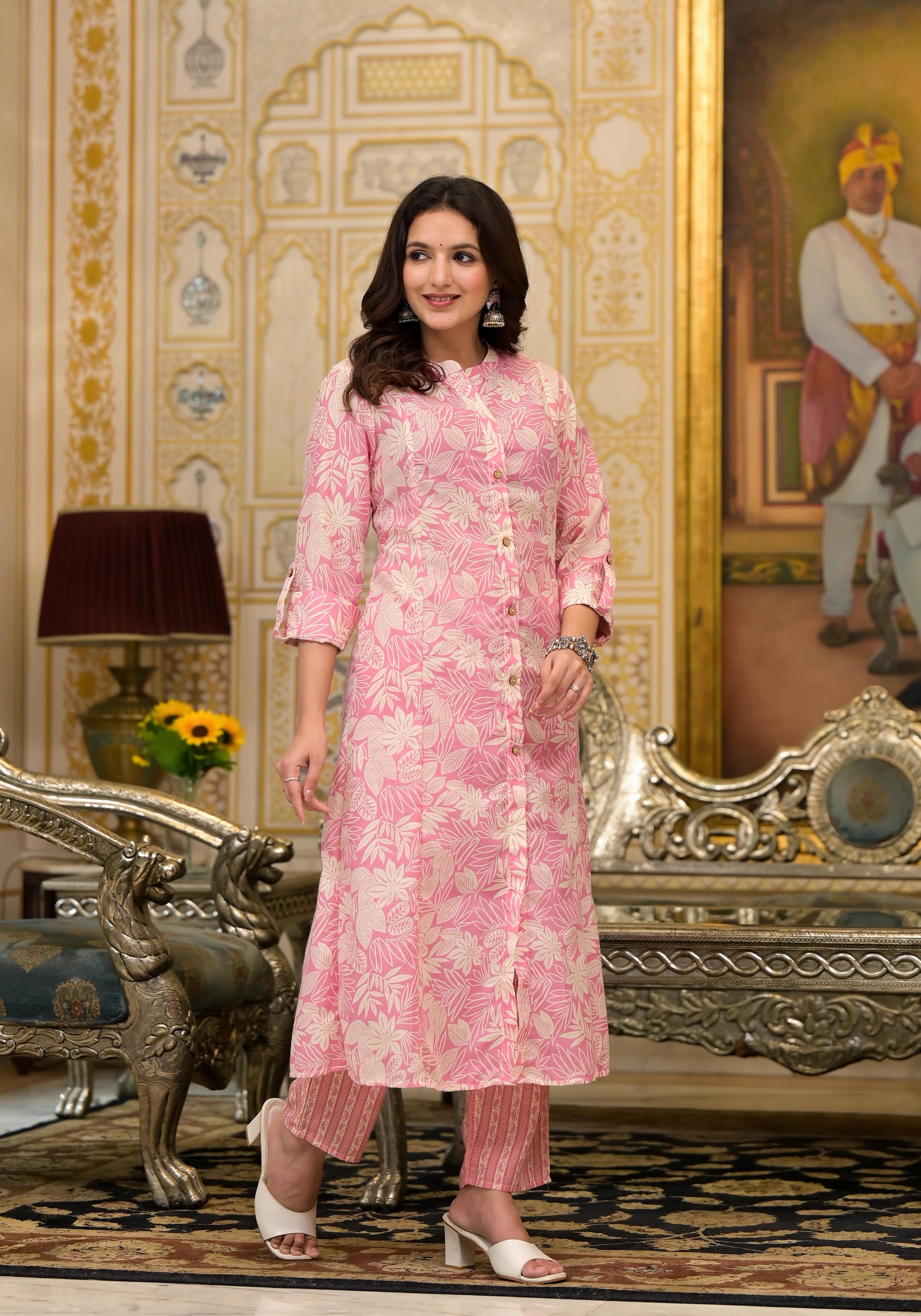 Pink Floral Printed Straight Kurta Set-P1076PINK