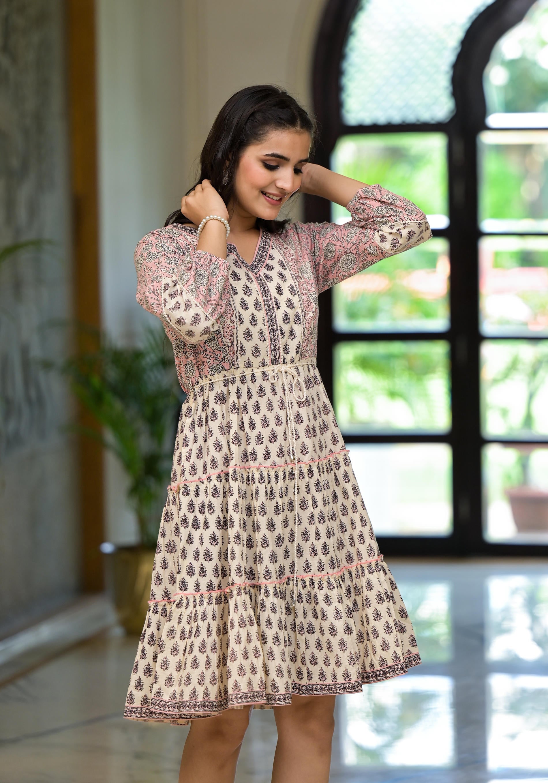 Blush Blockprint Tiered Mini Dress-P1080PINK