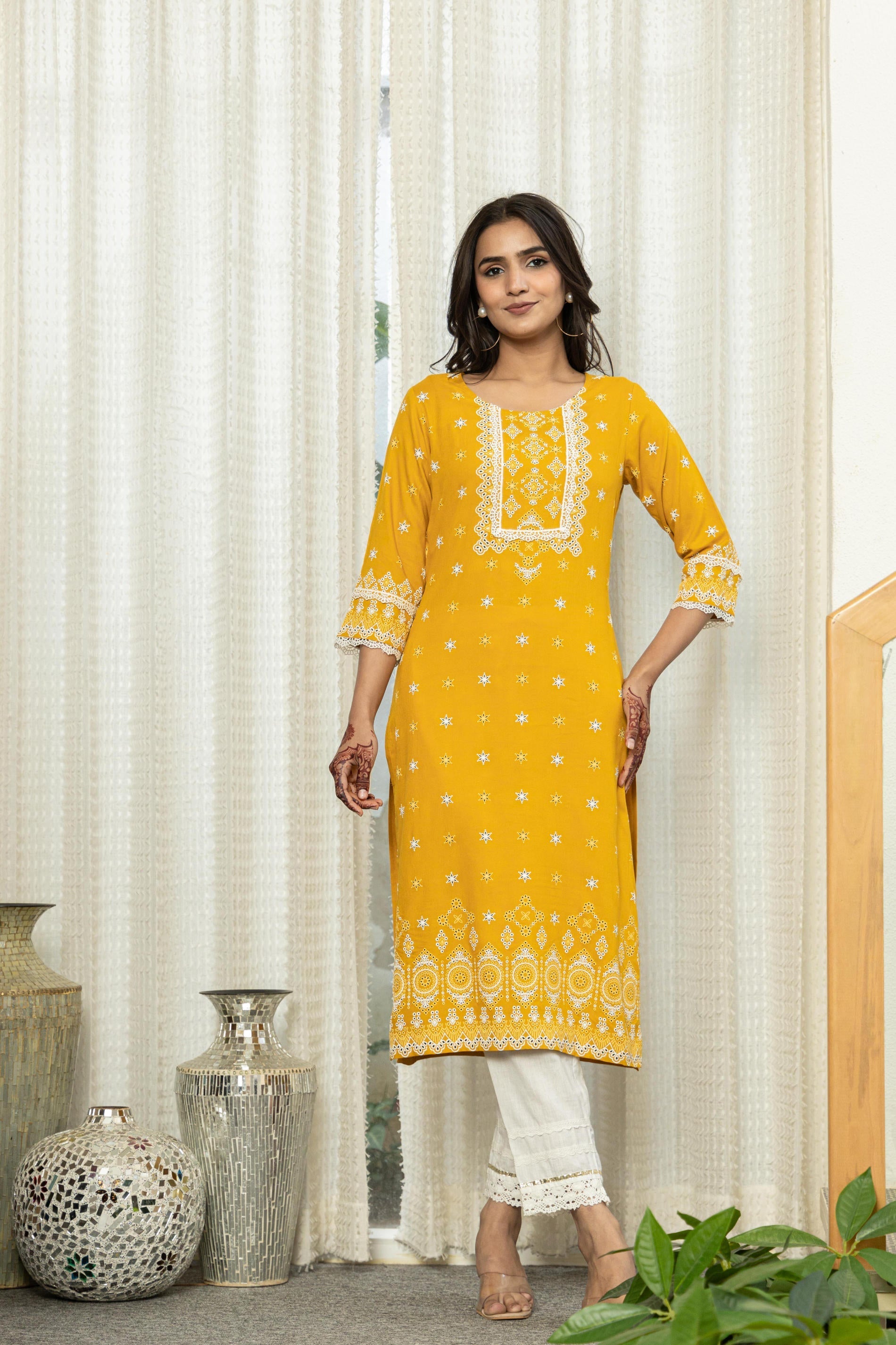 Mustard Ethnic Motif Printed Viscose Kurta With Lace | DesiQlo