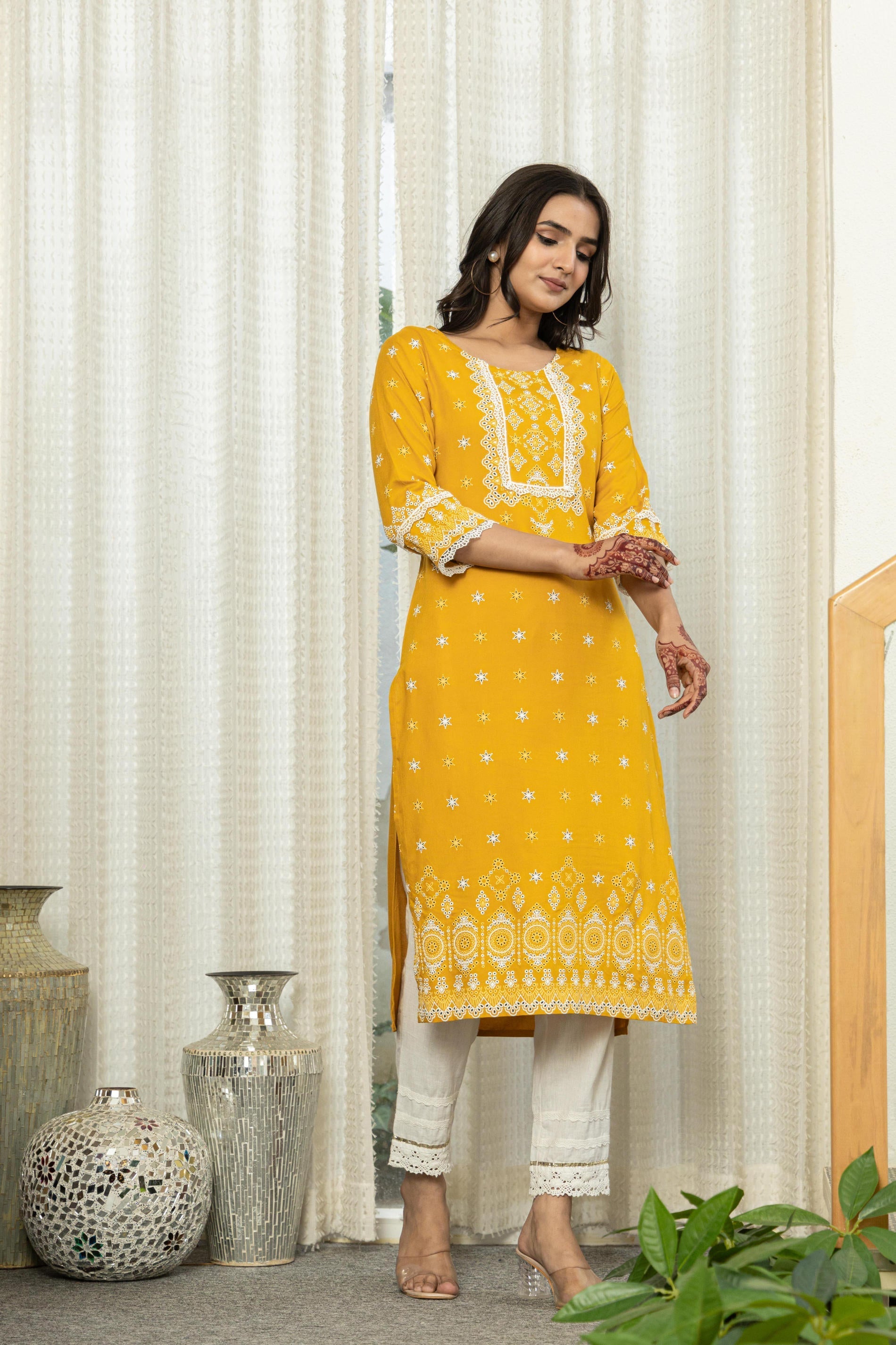 Mustard Ethnic Motif Printed Viscose Kurta With Lace | DesiQlo