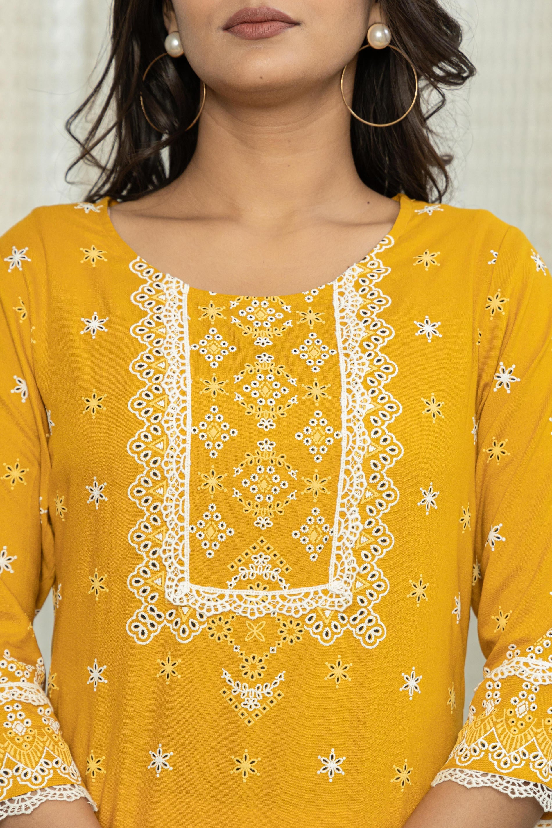 Mustard Ethnic Motif Printed Viscose Kurta With Lace | DesiQlo