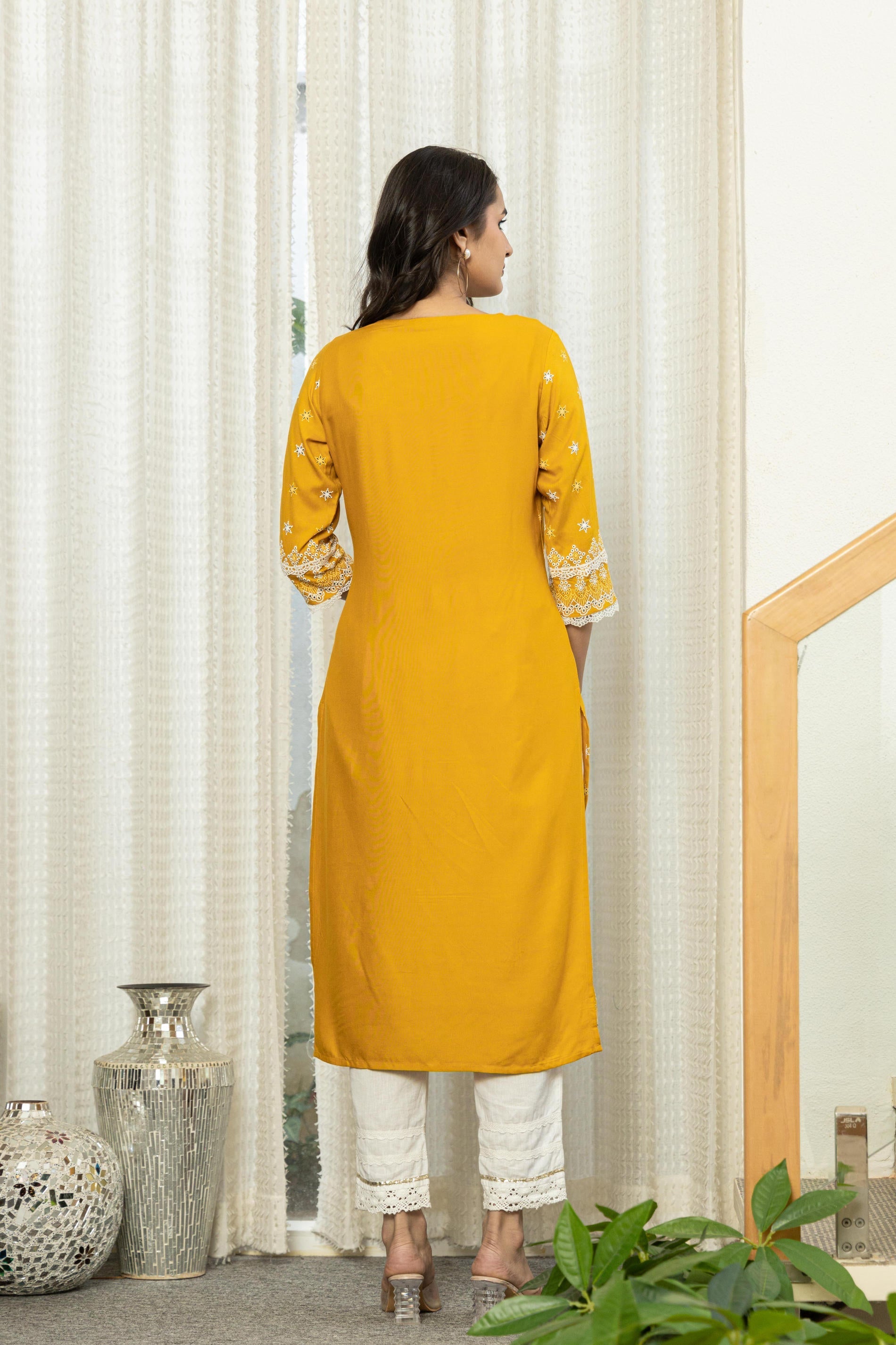 Mustard Ethnic Motif Printed Viscose Kurta With Lace | DesiQlo