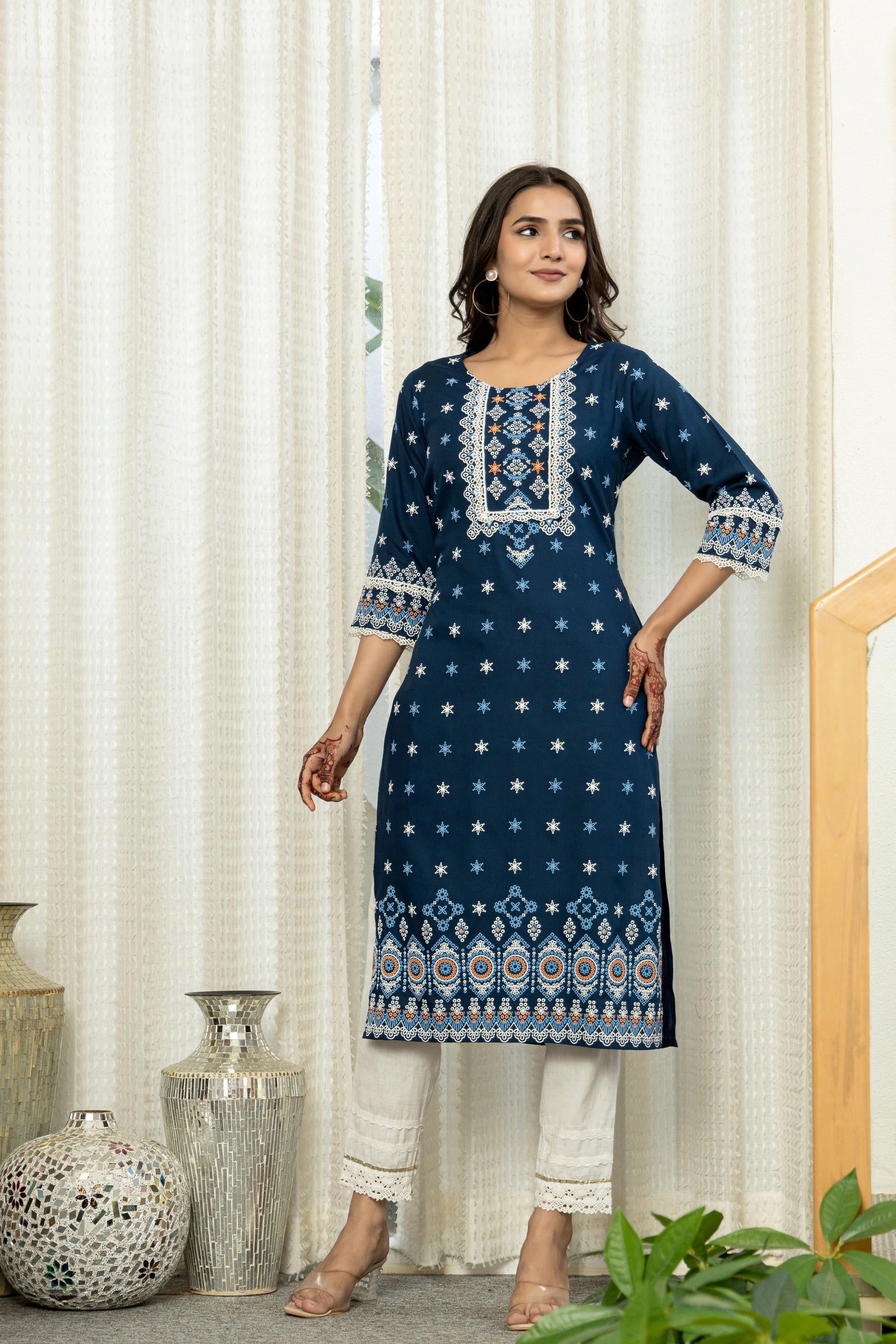 Navy Ethnic Motif Printed Viscose Kurta With Lace | DesiQlo