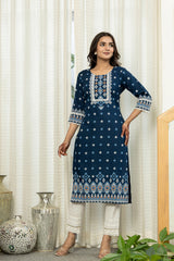 Navy Ethnic Motif Printed Viscose Kurta  With Lace