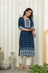 Navy Ethnic Motif Printed Viscose Kurta  With Lace