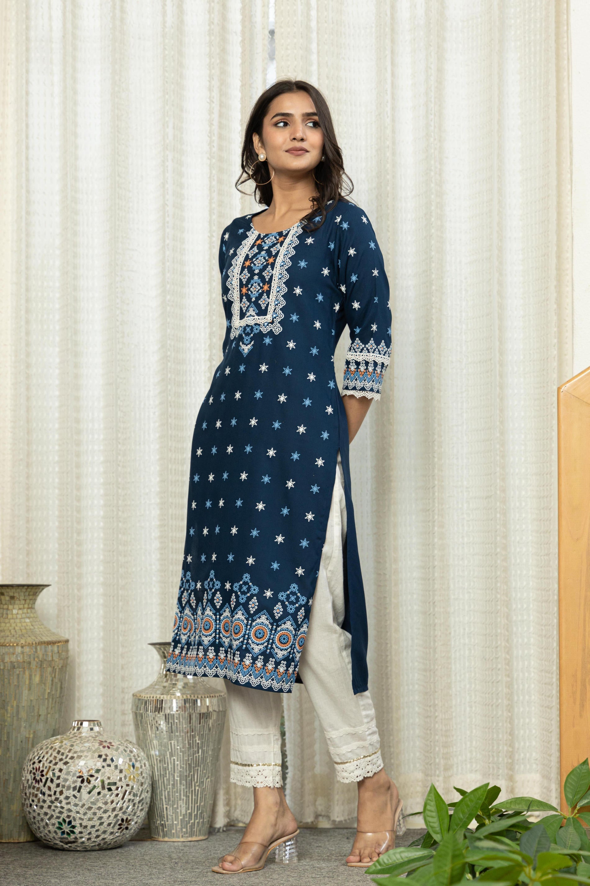 Navy Ethnic Motif Printed Viscose Kurta With Lace | DesiQlo