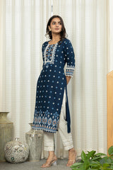 Navy Ethnic Motif Printed Viscose Kurta  With Lace