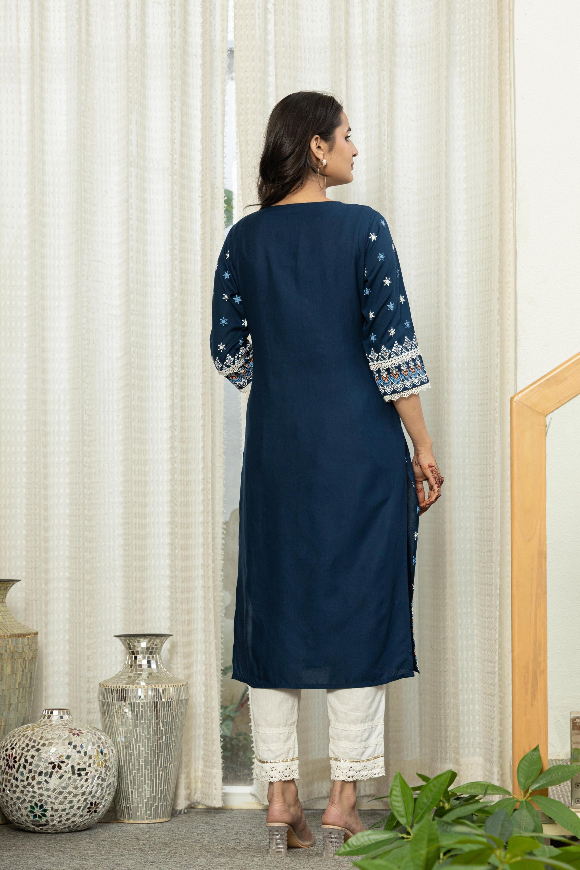 Navy Ethnic Motif Printed Viscose Kurta With Lace | DesiQlo