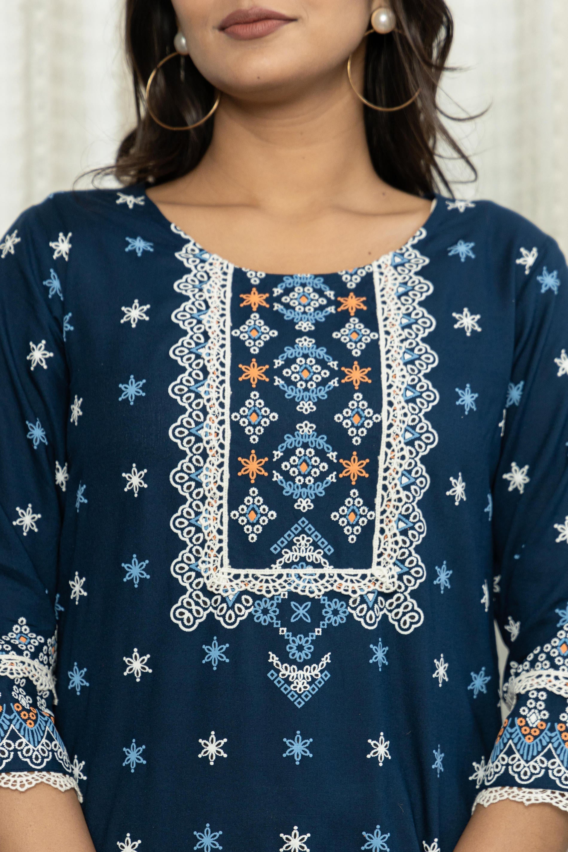 Navy Ethnic Motif Printed Viscose Kurta With Lace | DesiQlo