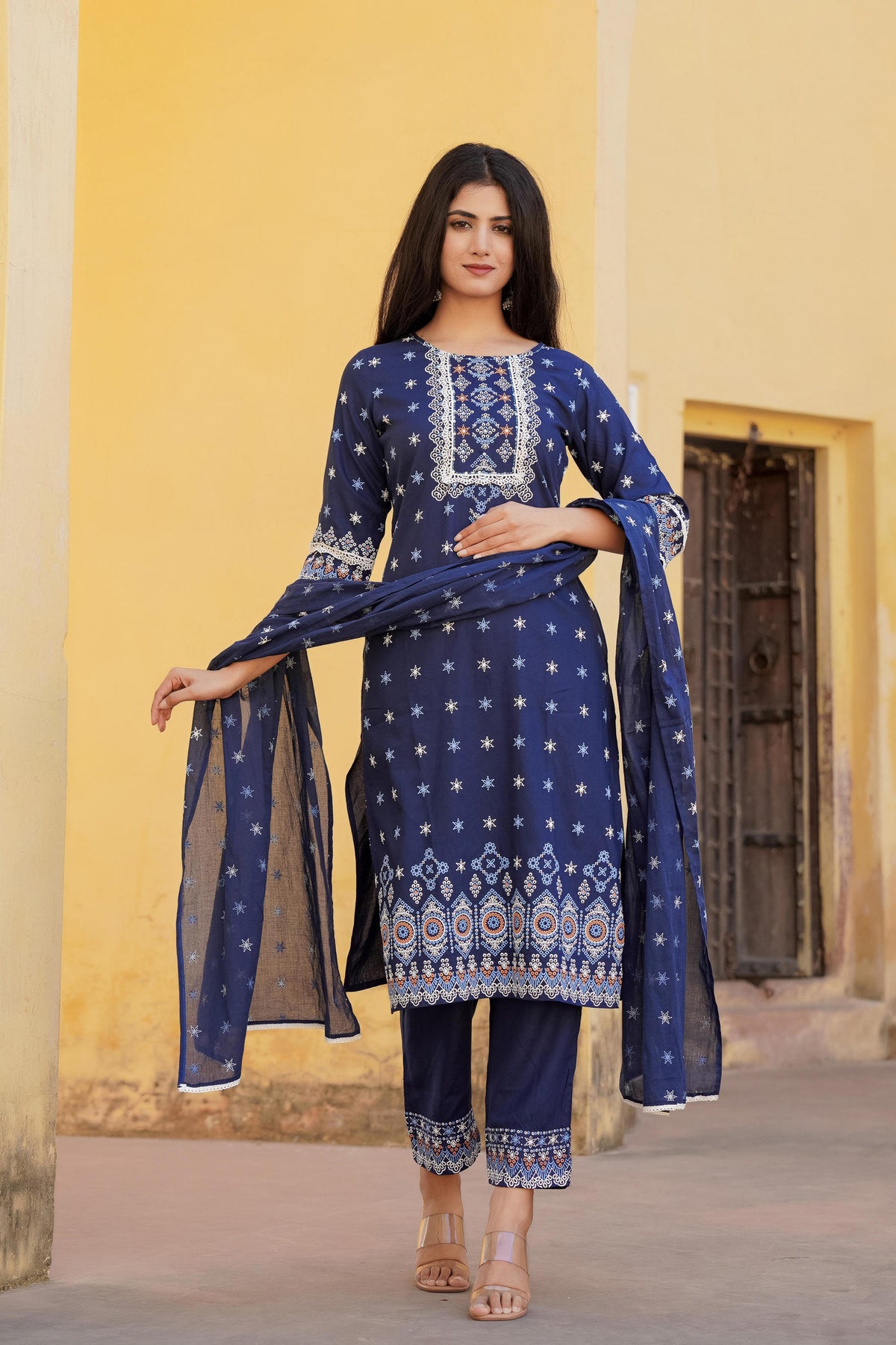 Women Navy Printed Kurta Pant Dupatta-P1089NAVY_ON