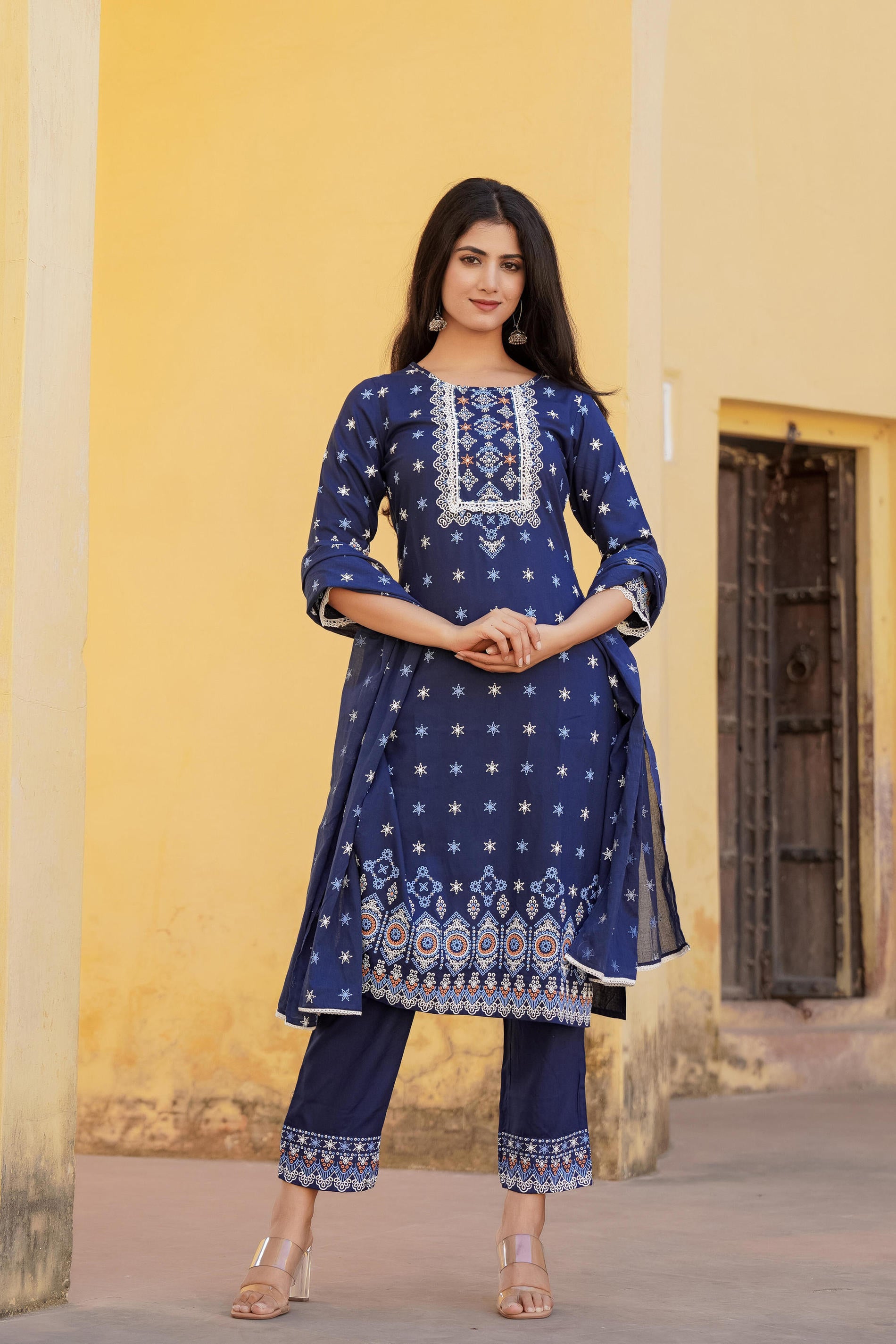 Women Navy Printed  Kurta Pant Dupatta