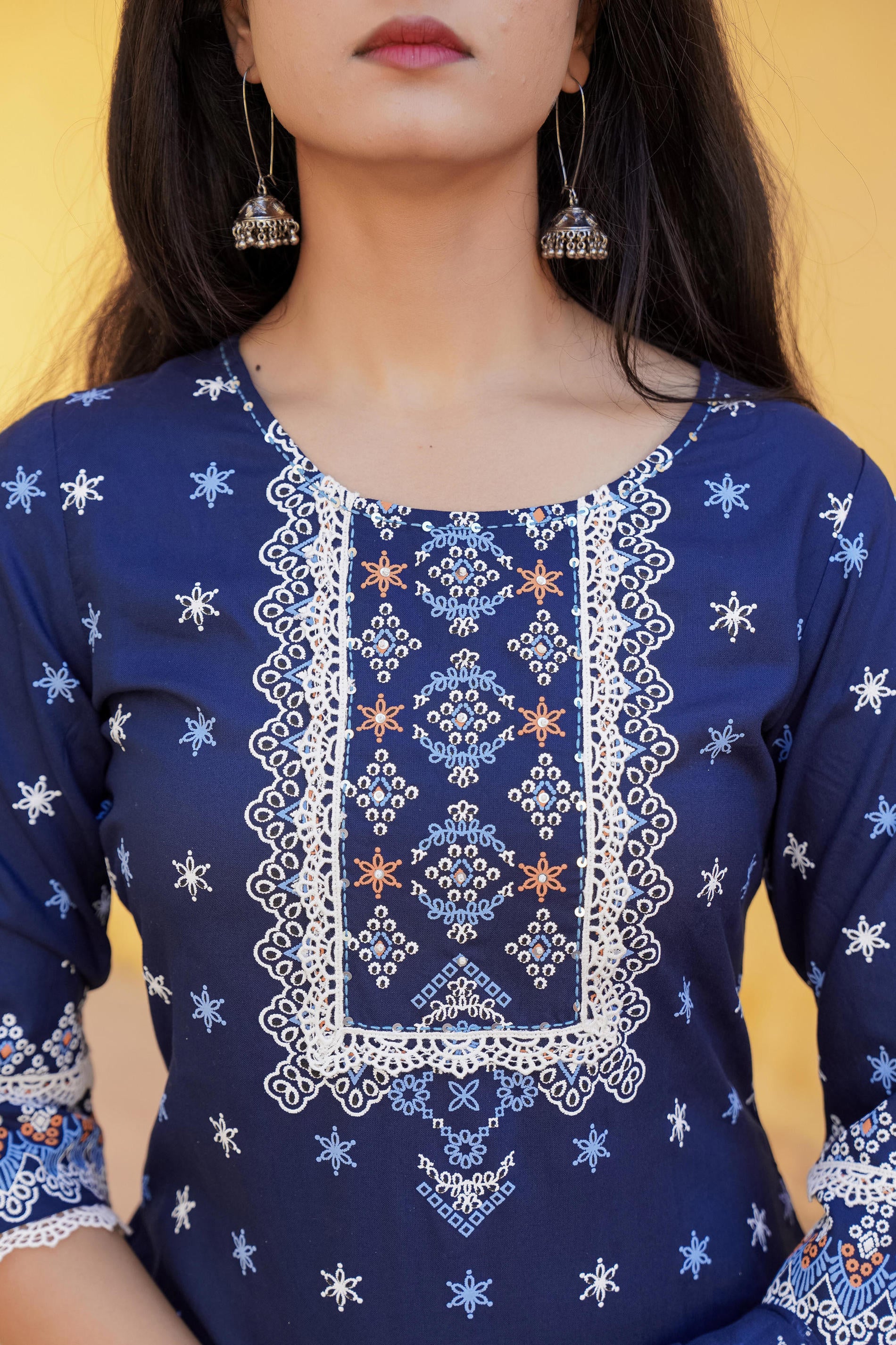 Women Navy Printed  Kurta Pant Dupatta