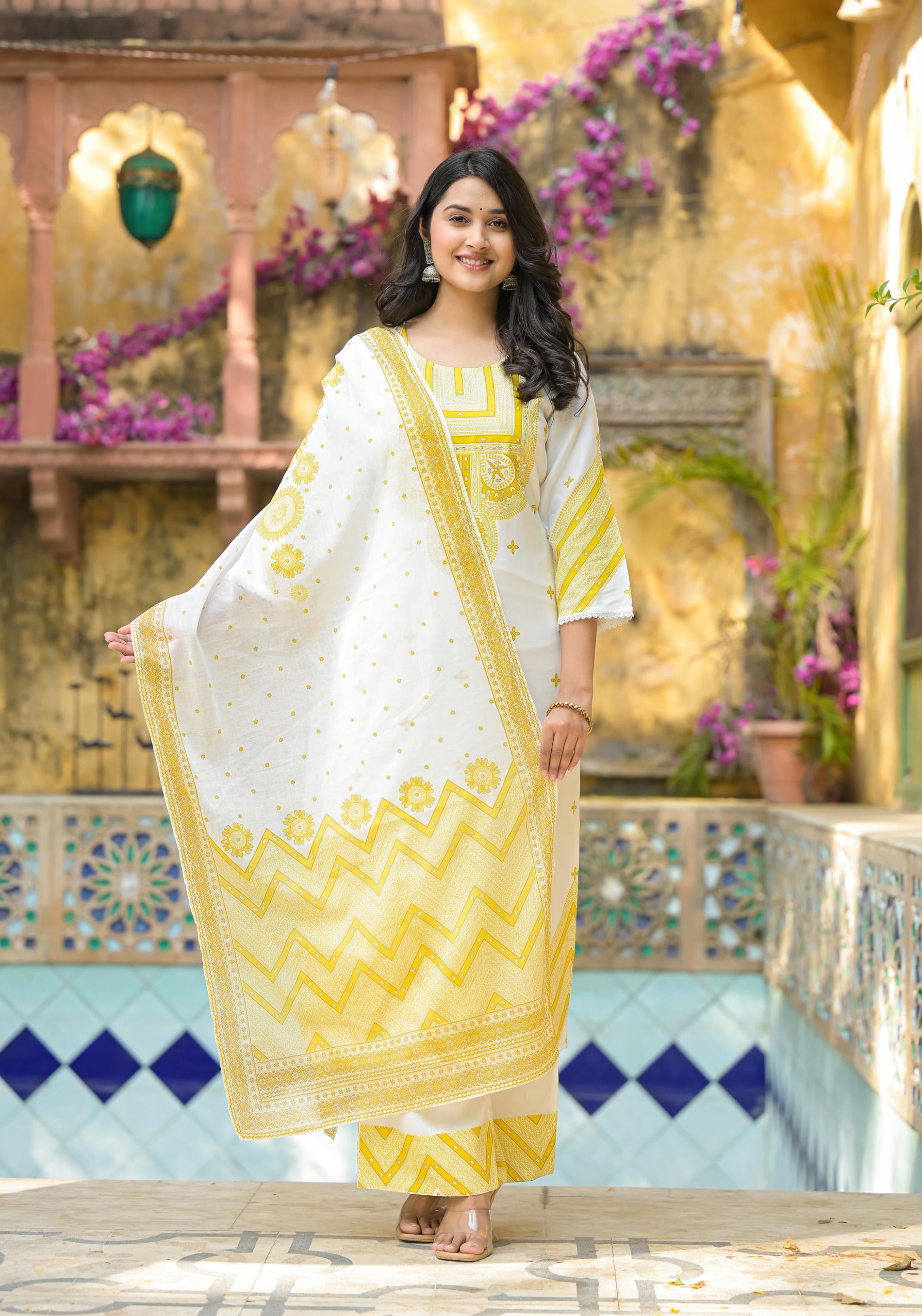 Women Offwhite &  Lime Printed  Kurta Pant Dupatta